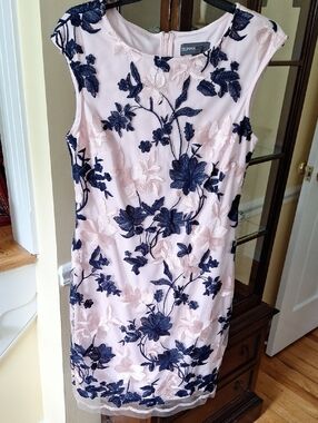 Donna Ricco Blush Pink Midi Dress with Navy Floral Embroidery, Size 8